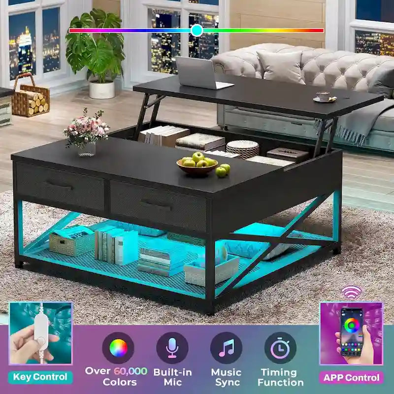 Lift Top Coffee Table Open Storage Shelf & Hidden Classified Storage
