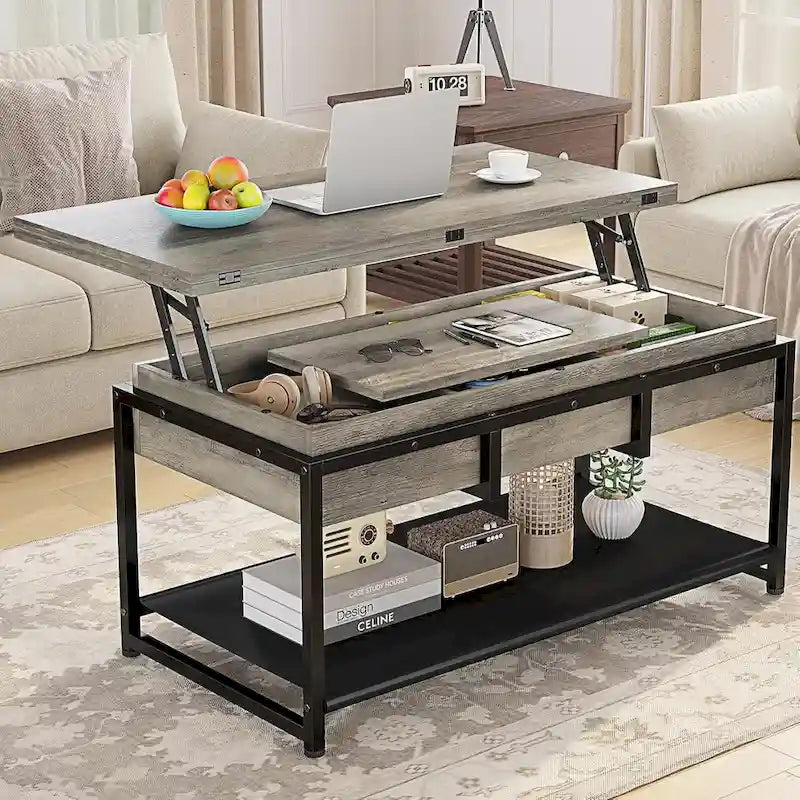 Lift Top Coffee Table Open Storage Shelf & Hidden Classified Storage