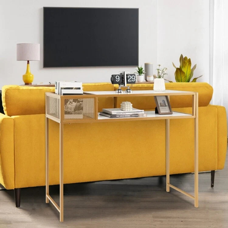 Faux Marble Console Table with Wire Baske for Entryway - 47.5 x 12 x 35.5 (L x W x H)