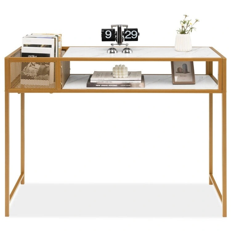 Faux Marble Console Table with Wire Baske for Entryway - 47.5 x 12 x 35.5 (L x W x H)