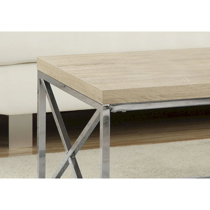 Monarch Natural Wood-Look Finish Chrome Metal Contemporary Design Coffee Table - 32
