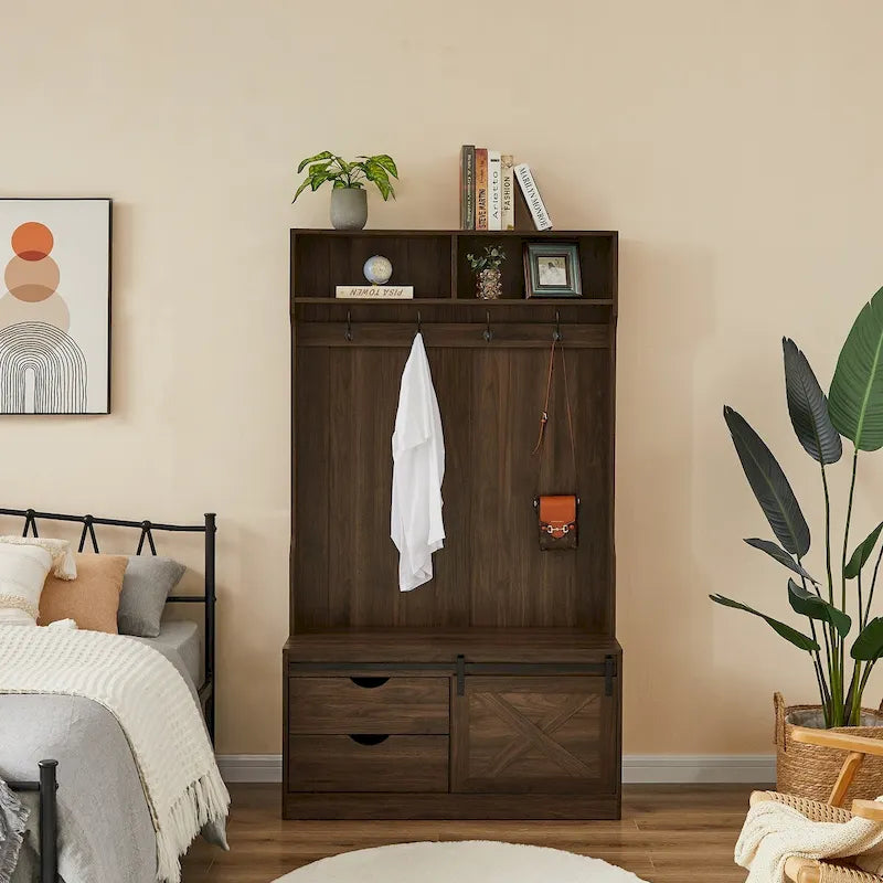 Hall Tree with Coat Rack, Bench, Drawers