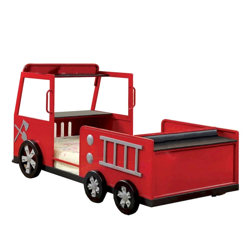 Metal Fire Truck Design Twin Bed with Hidden Storage, Red and Black