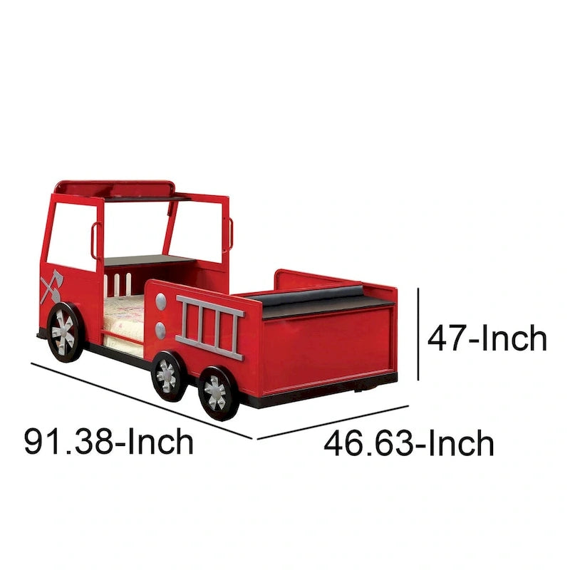 Metal Fire Truck Design Twin Bed with Hidden Storage, Red and Black