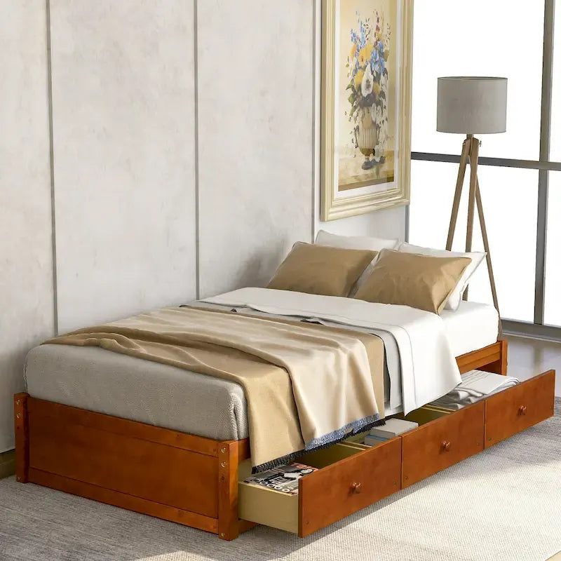 Oak Eco-Friendly Solid Pine Wood Twin Size Platform Storage Bed, 3 Drawers