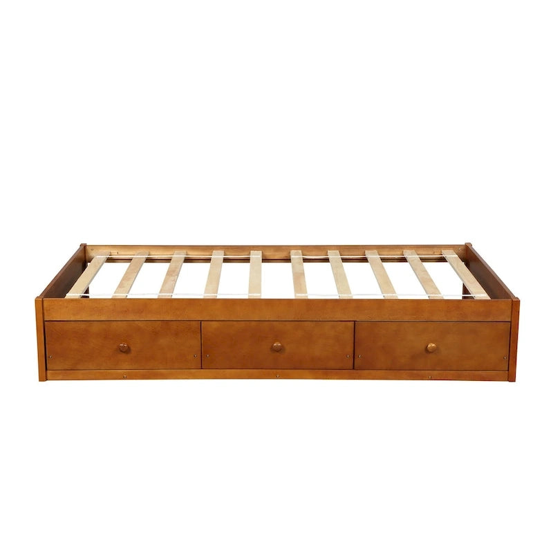 Oak Eco-Friendly Solid Pine Wood Twin Size Platform Storage Bed, 3 Drawers