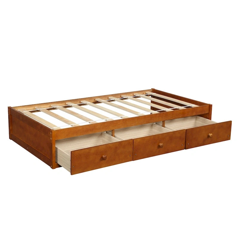 Oak Eco-Friendly Solid Pine Wood Twin Size Platform Storage Bed, 3 Drawers