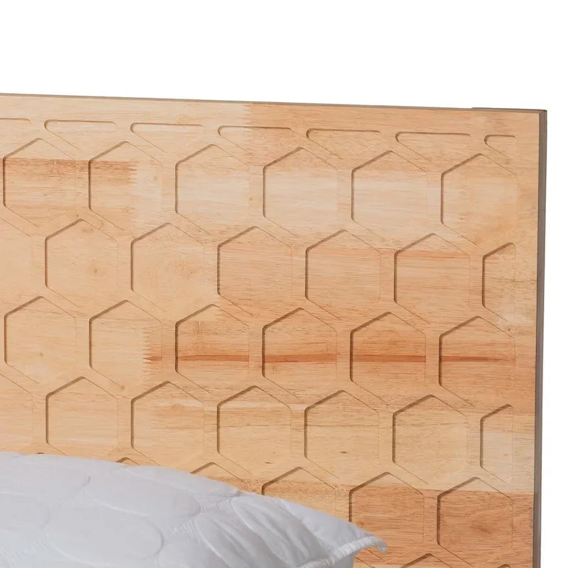 Hosea Japandi Carved Honeycomb Natural Queen Size Platform Bed