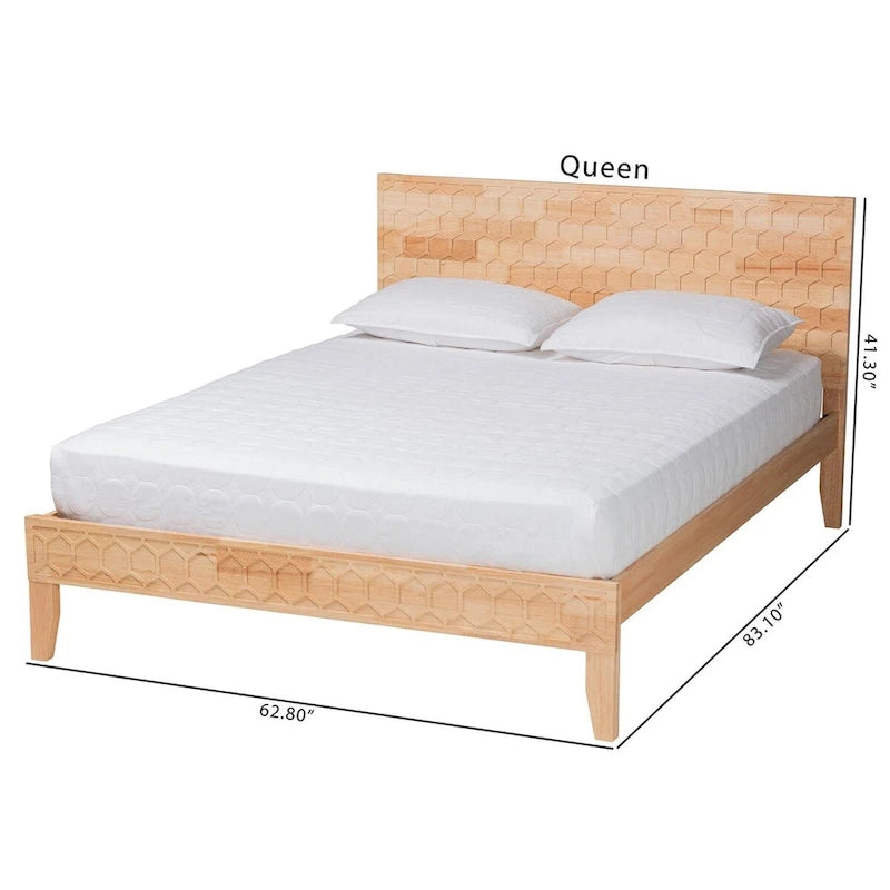 Hosea Japandi Carved Honeycomb Natural Queen Size Platform Bed