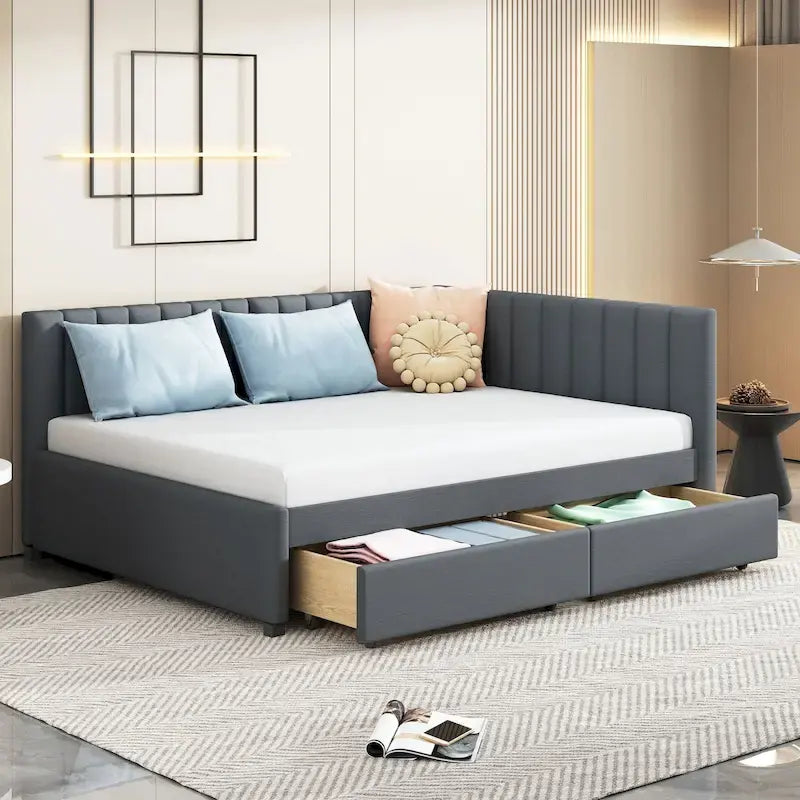 Full Size Upholstered Daybed with 2 Storage Drawers Sofa Bed Frame No Box Spring Needed