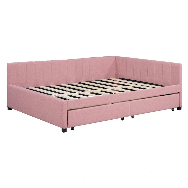Full Size Upholstered Daybed with 2 Storage Drawers Sofa Bed Frame No Box Spring Needed