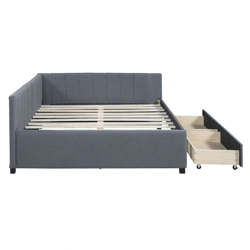 Full Size Upholstered Daybed with 2 Storage Drawers Sofa Bed Frame No Box Spring Needed