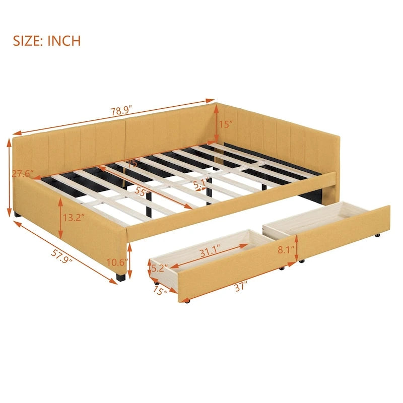Full Size Upholstered Daybed with 2 Storage Drawers Sofa Bed Frame No Box Spring Needed