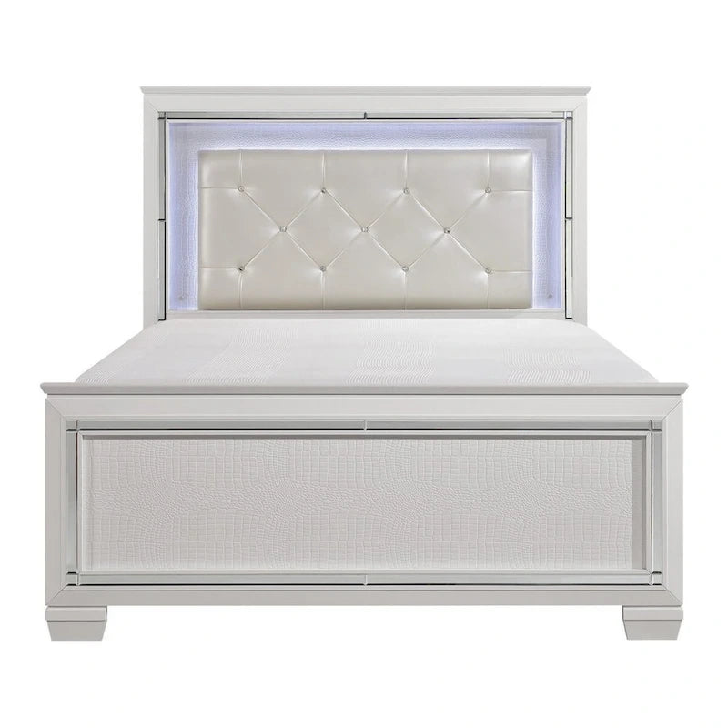 Noah Contemporary Queen Bed, LED Backlit Crystal Tufted Headboard, White