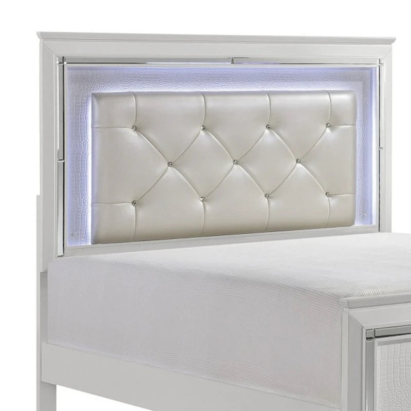 Noah Contemporary Queen Bed, LED Backlit Crystal Tufted Headboard, White