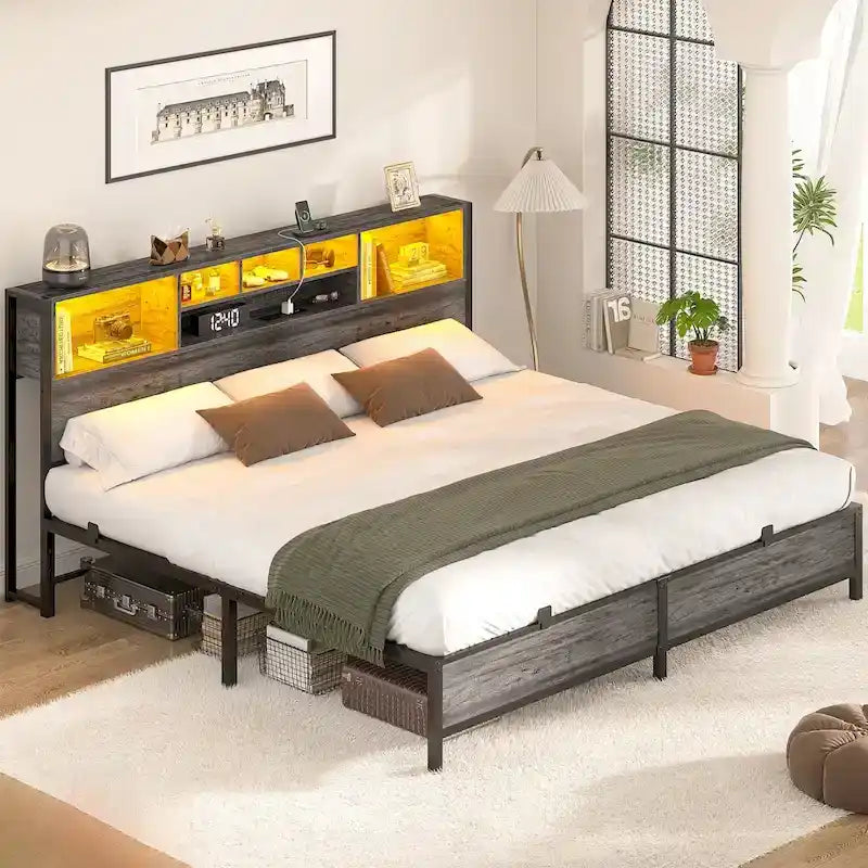 Bed Frame with Bookcase Headboard, Metal Platform Bed Frame with Charging Station and LED Light