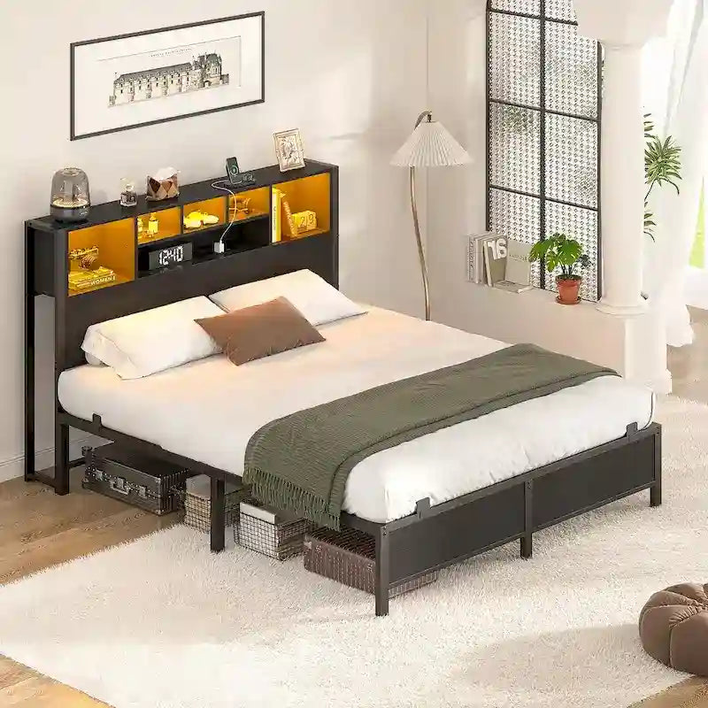 Bed Frame with Bookcase Headboard, Metal Platform Bed Frame with Charging Station and LED Light