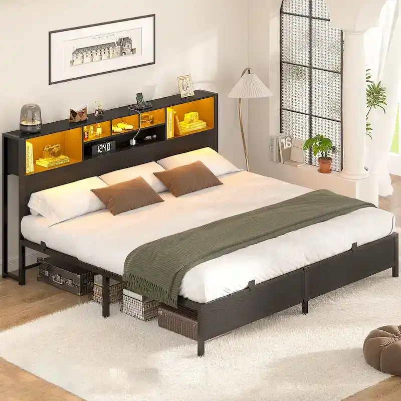 Bed Frame with Bookcase Headboard, Metal Platform Bed Frame with Charging Station and LED Light