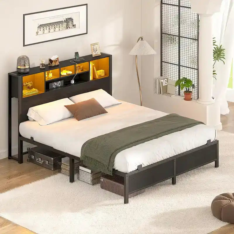 Bed Frame with Bookcase Headboard, Metal Platform Bed Frame with Charging Station and LED Light