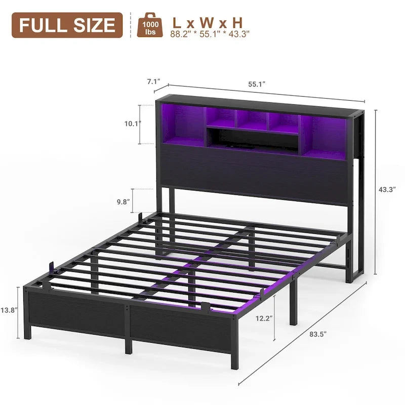 Bed Frame with Bookcase Headboard, Metal Platform Bed Frame with Charging Station and LED Light
