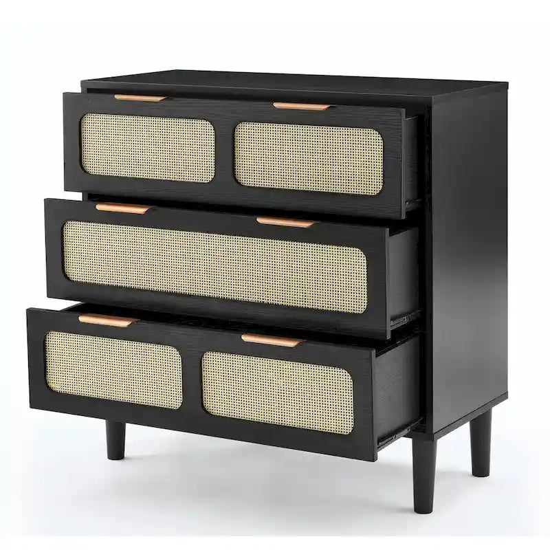 Modern Rattan Dresser Cabinet With Wide Drawers And Metal Handles