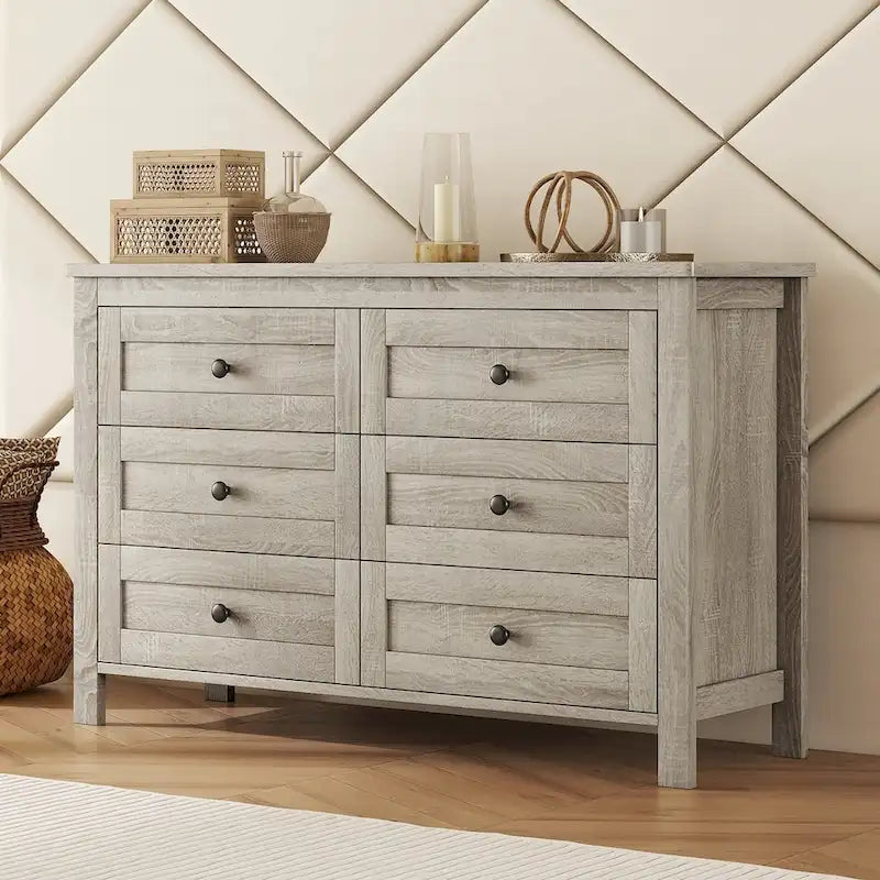 Retro Farmhouse Style Wooden Dresser with 6 Drawer, Storage Cabinet for Bedroom