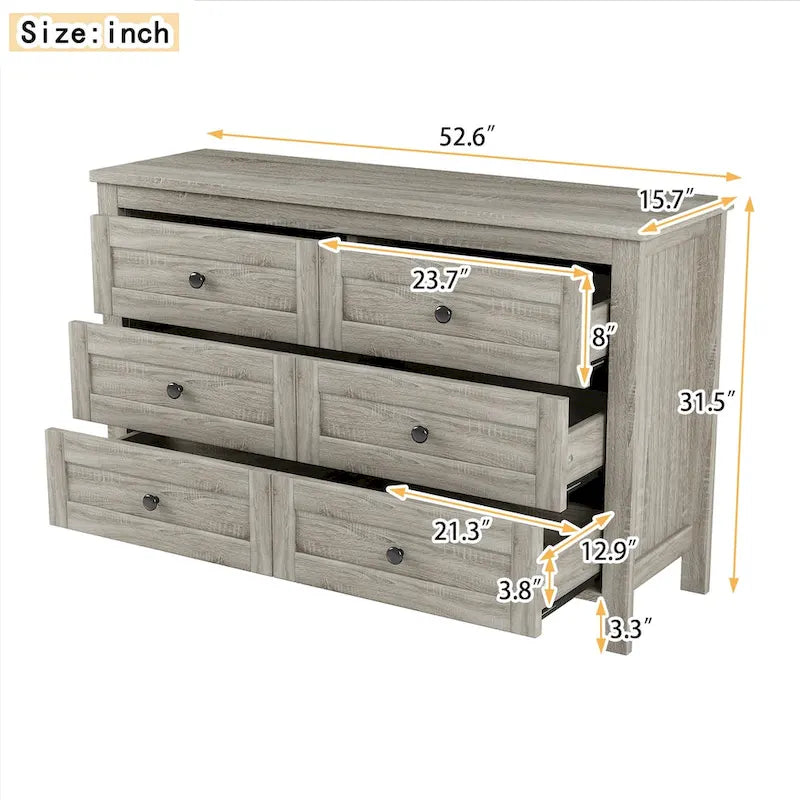 Retro Farmhouse Style Wooden Dresser with 6 Drawer, Storage Cabinet for Bedroom