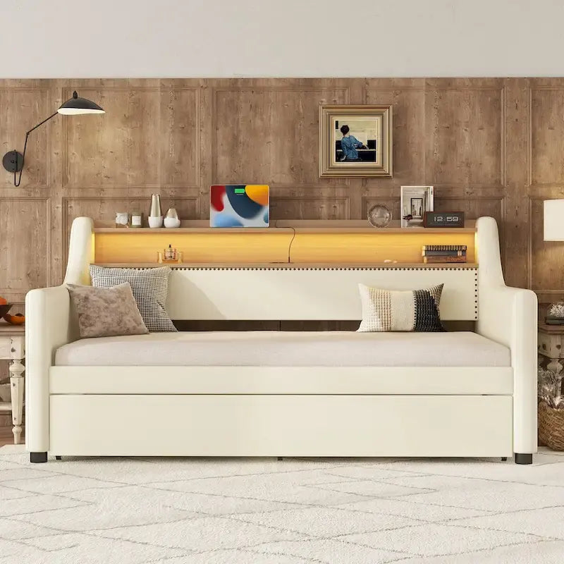 PU Leather Twin Size Daybed with Trundle