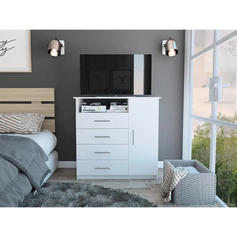 4 Drawer Dresser, Single Door Cabinet, One Open Shelf, Superior Top
