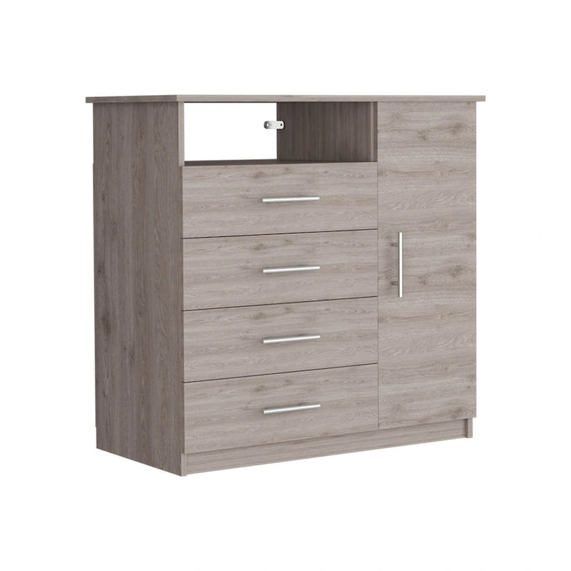 4 Drawer Dresser, Single Door Cabinet, One Open Shelf, Superior Top