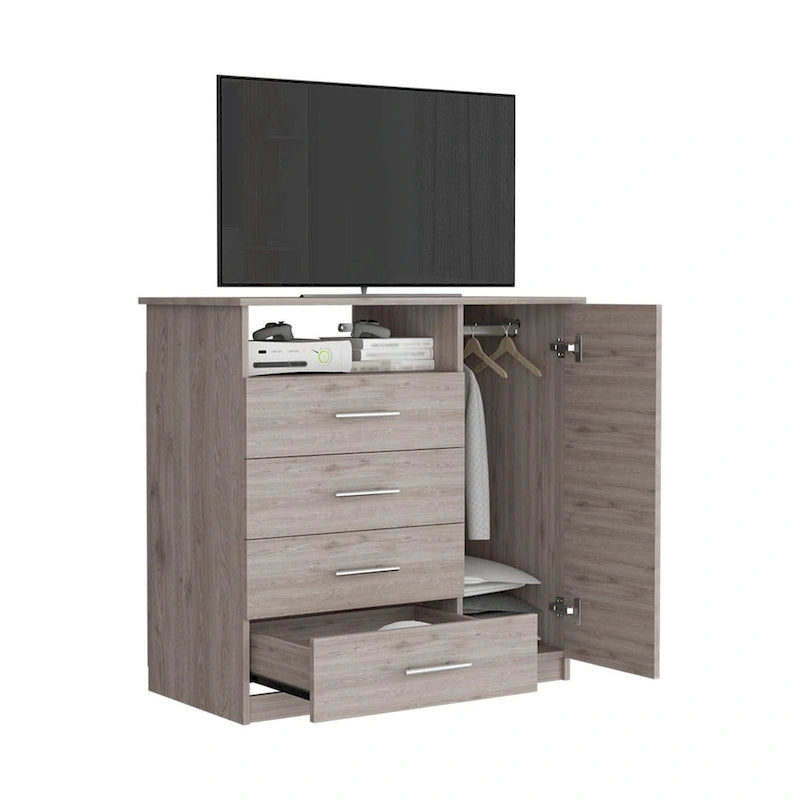 4 Drawer Dresser, Single Door Cabinet, One Open Shelf, Superior Top