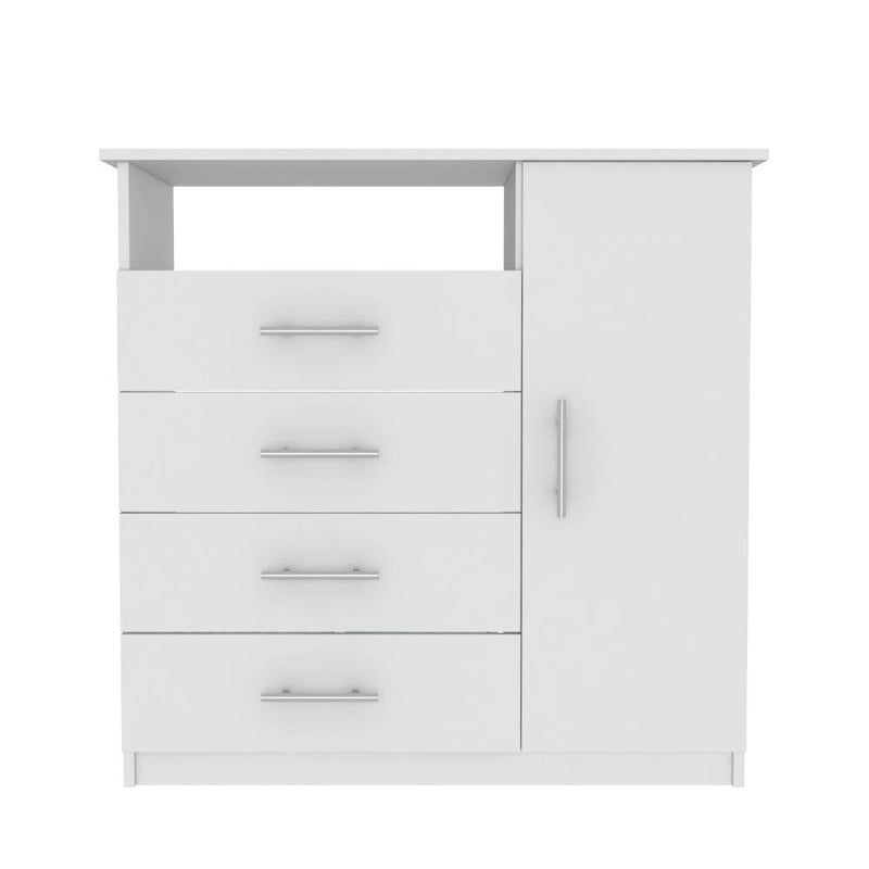 4 Drawer Dresser, Single Door Cabinet, One Open Shelf, Superior Top