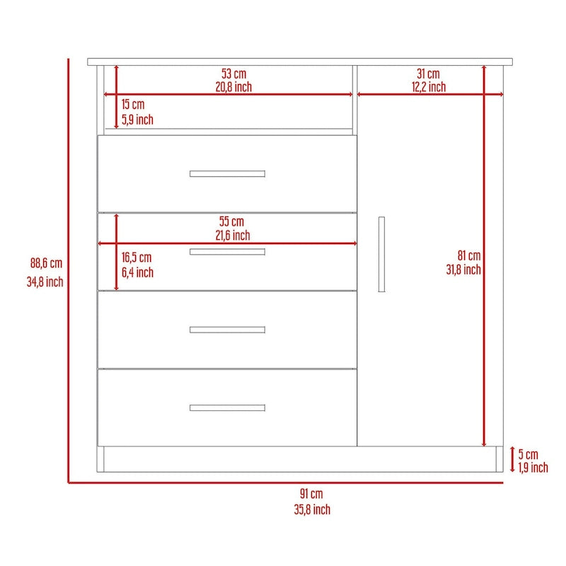 4 Drawer Dresser, Single Door Cabinet, One Open Shelf, Superior Top