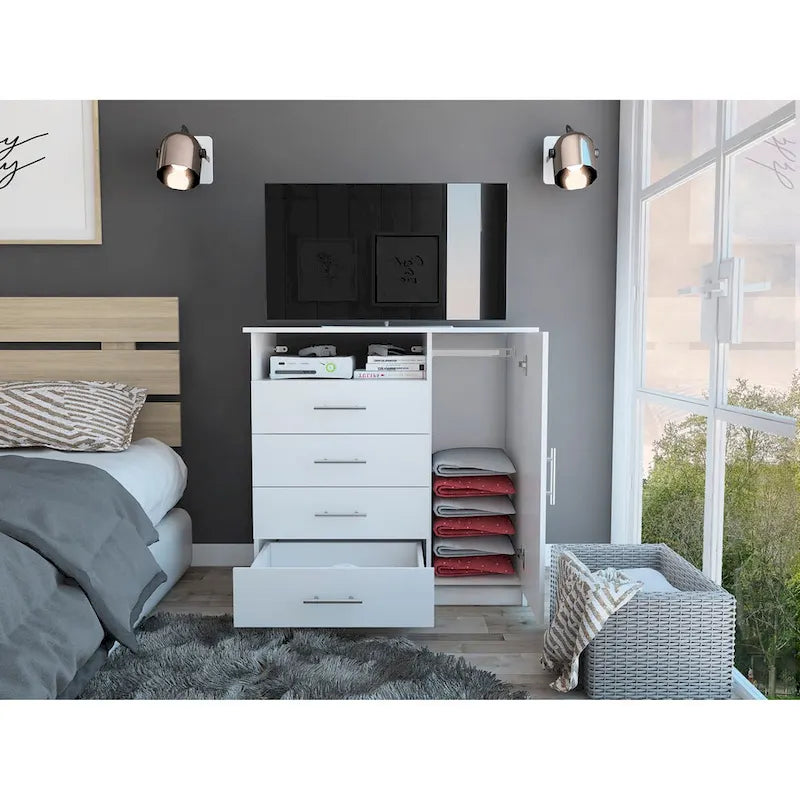 4 Drawer Dresser, Single Door Cabinet, One Open Shelf, Superior Top