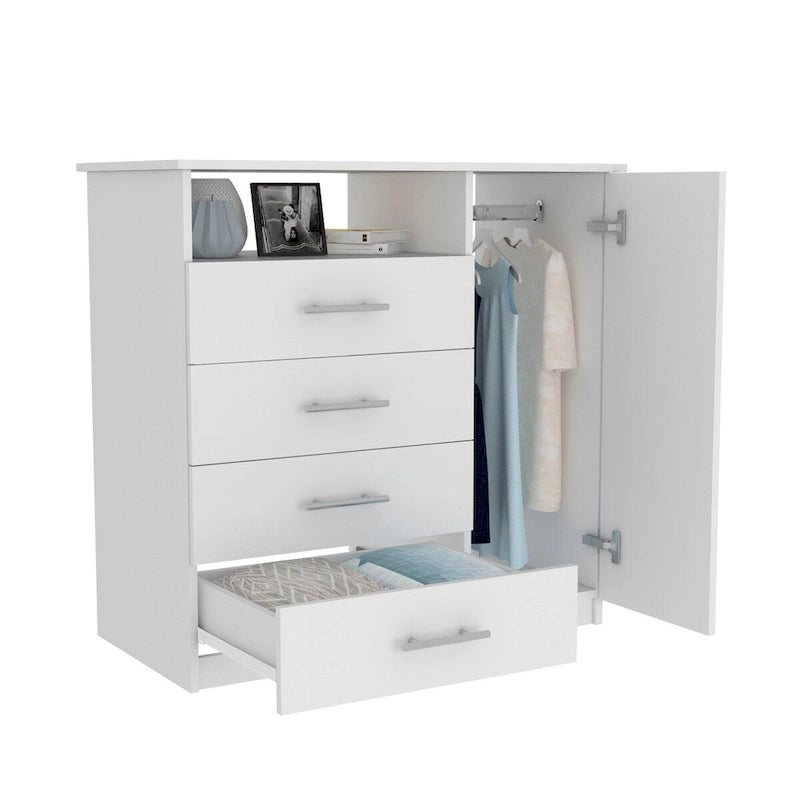 4 Drawer Dresser, Single Door Cabinet, One Open Shelf, Superior Top