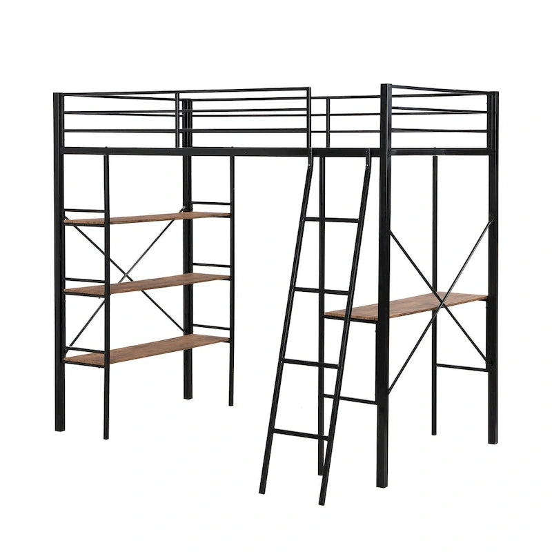 Twin Size Metal Loft Bed with Shelves and Desk