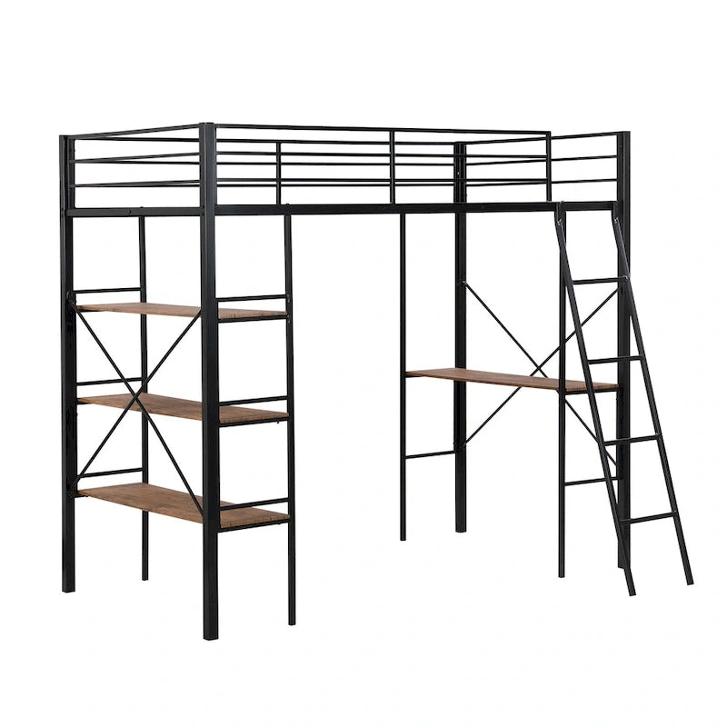 Twin Size Metal Loft Bed with Shelves and Desk