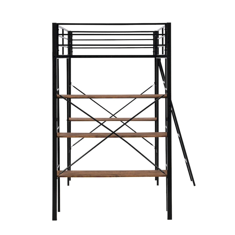 Twin Size Metal Loft Bed with Shelves and Desk