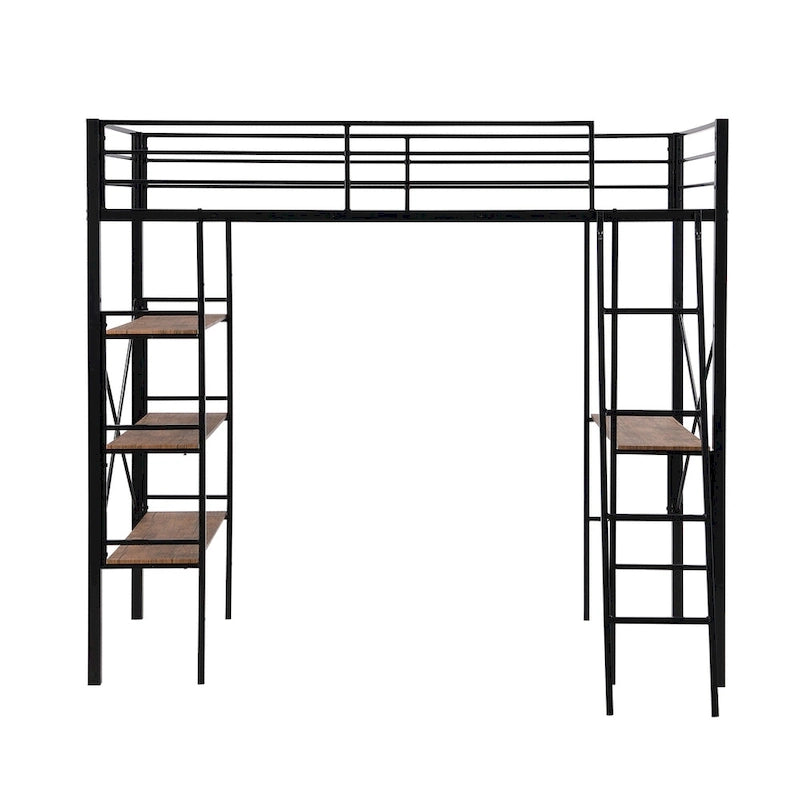 Twin Size Metal Loft Bed with Shelves and Desk
