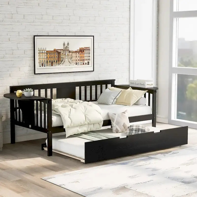 Twin Wooden Daybed with Trundle Bed, Sofa Bed for Bedroom or Living Room