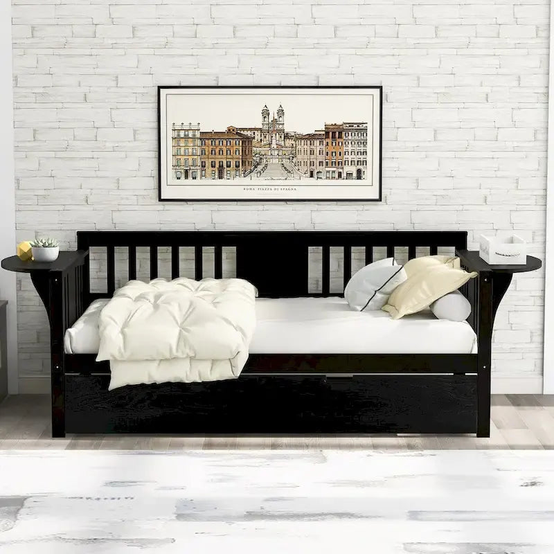 Twin Wooden Daybed with Trundle Bed, Sofa Bed for Bedroom or Living Room