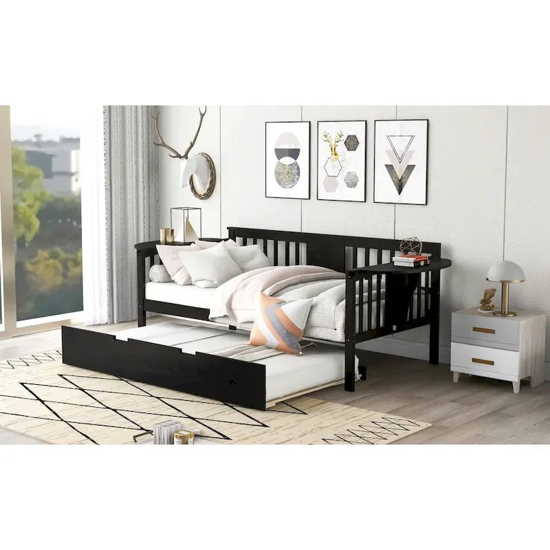 Twin Wooden Daybed with Trundle Bed, Sofa Bed for Bedroom or Living Room
