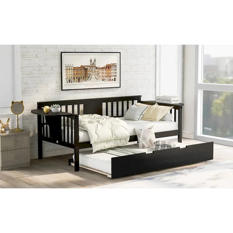 Twin Wooden Daybed with Trundle Bed, Sofa Bed for Bedroom or Living Room