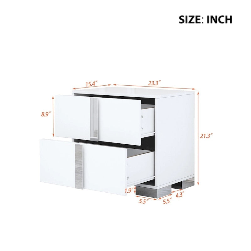 Elegant Mirrored Nightstand with Metal Handle, 2 Drawers
