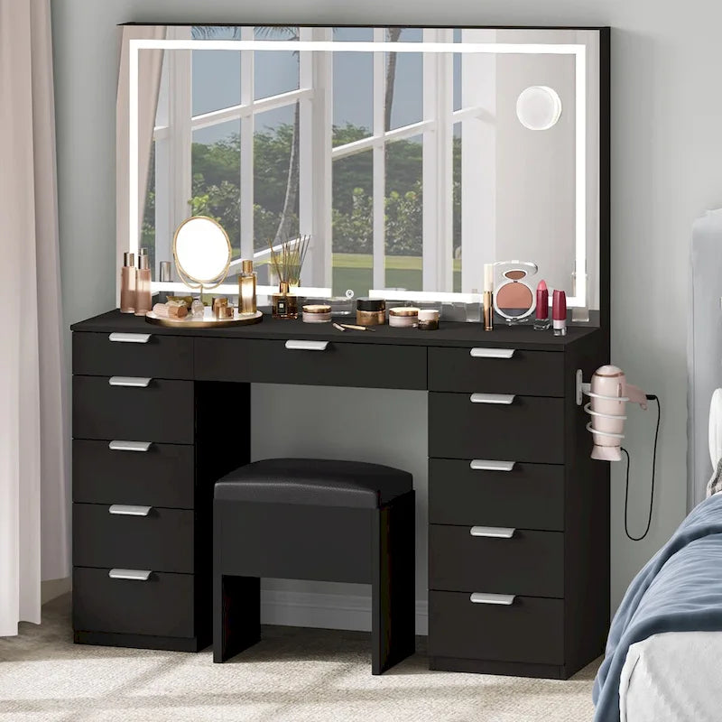 Moasis 46Vanity With Built-in Socket With Illuminated Mirror and Hair Dryer Rack - 55.8 H X 46 W X 11.7 D