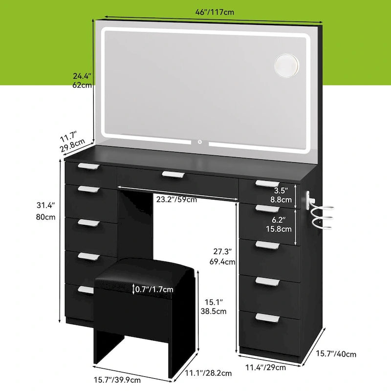 Moasis 46Vanity With Built-in Socket With Illuminated Mirror and Hair Dryer Rack - 55.8 H X 46 W X 11.7 D