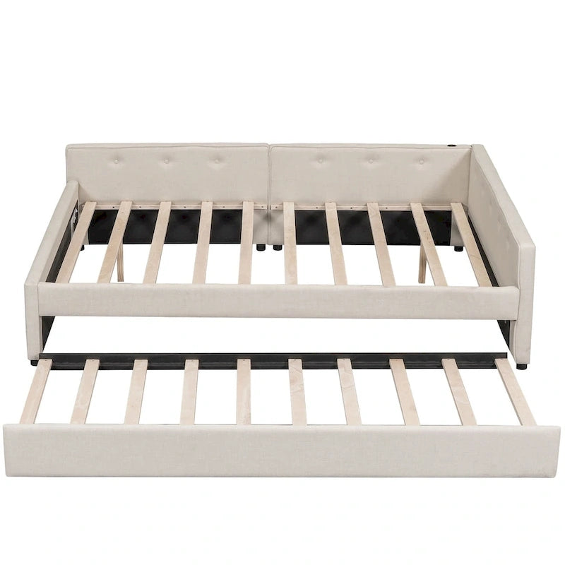 Queen Upholstered Platform Bed with USB and Trundle