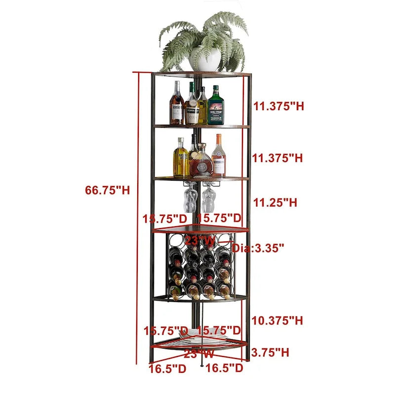 Corner Wine Rack with Wooden Shelves, Stemware Racks and Wire Wine Rack