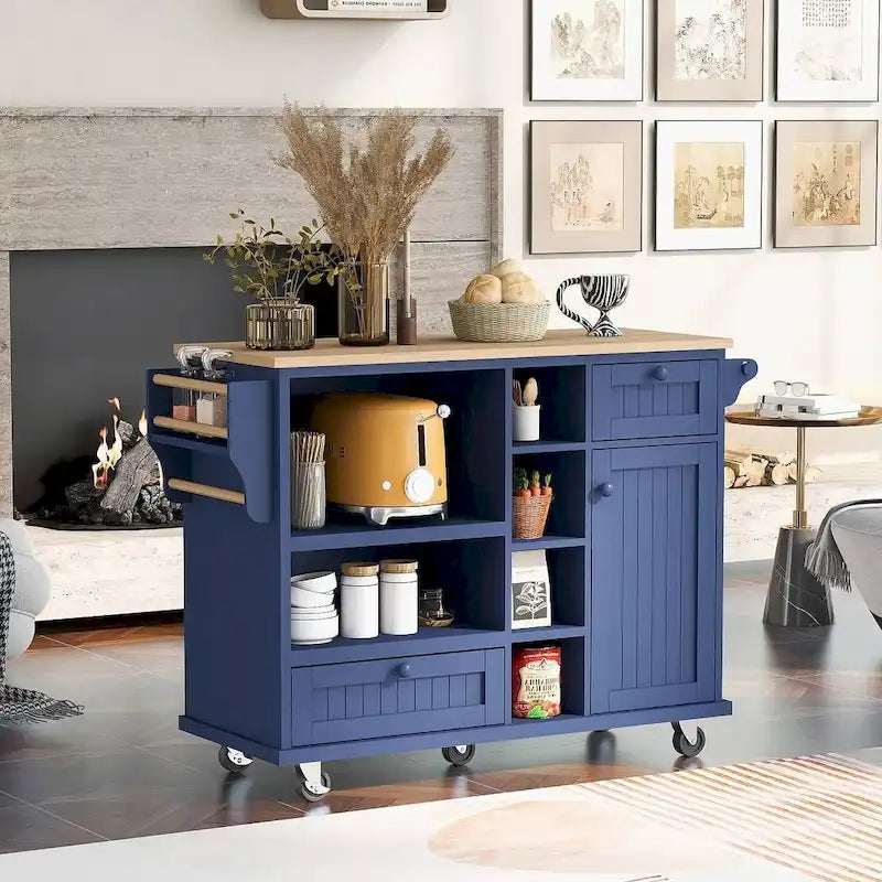 Kitchen Island Cart with Wheels,Storage Cabinet, Solid Wood Desktop