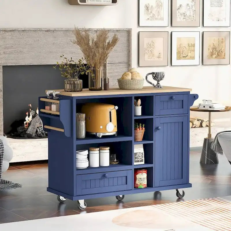 Kitchen Island Cart with Wheels,Storage Cabinet, Solid Wood Desktop